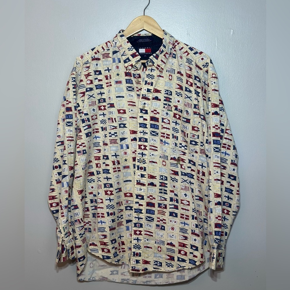 Vintage 90s Tommy Hilfiger Men's Nautical Flag Print Button-Up Shirt XL